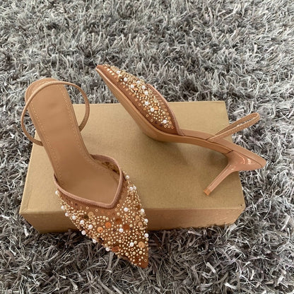 Fashion High Heeled Formal Party Shoes for Lady Luxury Sequin Pearl Stiletto Elengat Mesh Slingbacks Women Modern Sandals