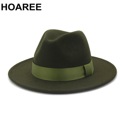 HOAREE Purple Wool Felt Jazz Fedora Hats Men Women Wide Brim Sombrero British Style Trilby Formal Panama Cap Solid Dress Hat