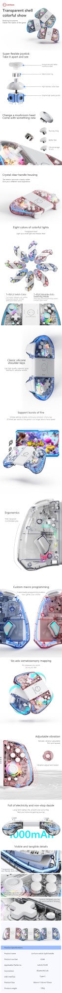 LinYuvo KS40 Transparent Wireless Gamepad for Switch/OLED with 8 Color LED,Turbo Function.Controller Joystick for Switch Lite