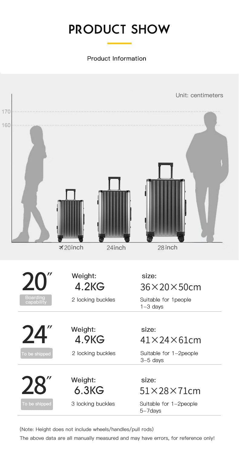 Mala de liga de alumínio-magnésio: mala de viagem feminina 24 polegadas com armação de alumínio com rodas giratórias, mala de viagem masculina 20 polegadas para embarque em metal
