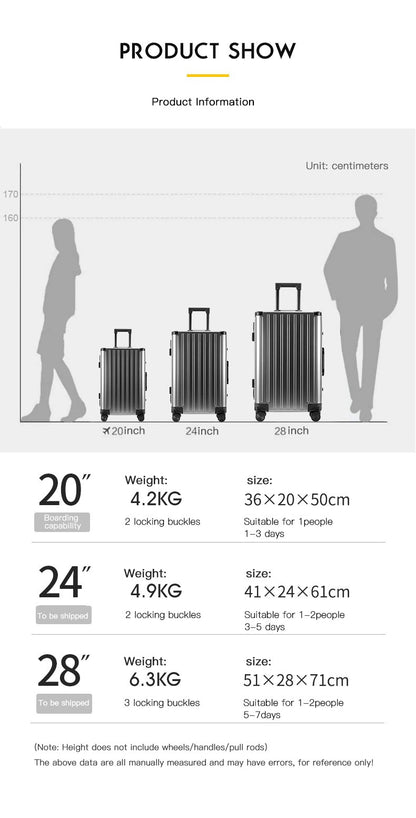 Mala de liga de alumínio-magnésio: mala de viagem feminina 24 polegadas com armação de alumínio com rodas giratórias, mala de viagem masculina 20 polegadas para embarque em metal