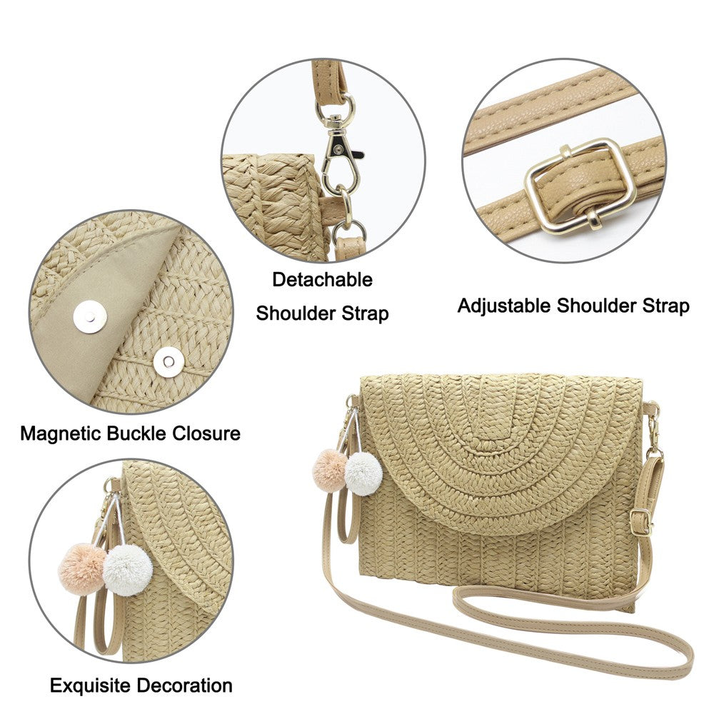 Handmade Ladies Straw Woven Bags Women Summer Holiday Beach Casual Clutch Purse Elegant Shoulder Handbag Raffia Envelope Wallets