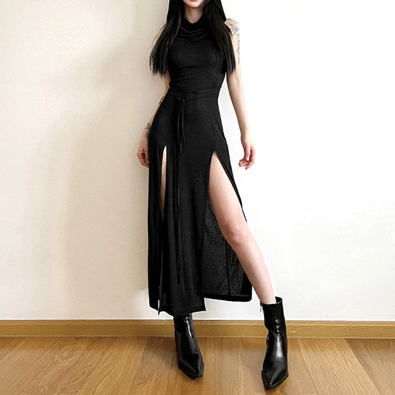 Goth Dark Cyber Gothic Desert Walker Hooded Dresses Y2k Punk Grunge Hollow Out M