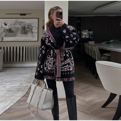 Knitted Print Lace-up Cardigan Coat Women's Elegant V-neck Tassels Full Sleeve Belted Sweaters 2025 Autumn New Ladies Outwear