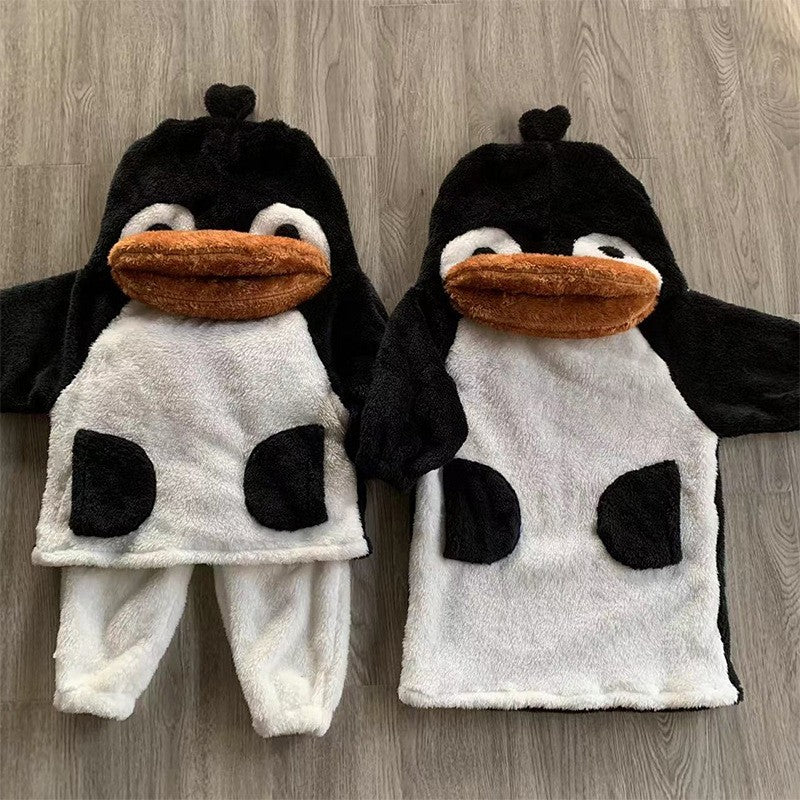 2025 Winter Infants Toddlers Pajamas Set Penguin Style Children's Warm Thicken Flannel Sleepwear Soft Loose 2 Pcs Suit Plush Pjs