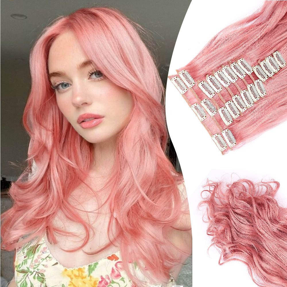 Apliques de Cabelo Rosa 12 Peças Apliques de Cabelo com Clipe de 55 cm de Comprimento Encaracolado Apliques de Cabelo Sintético Macio com Clipe