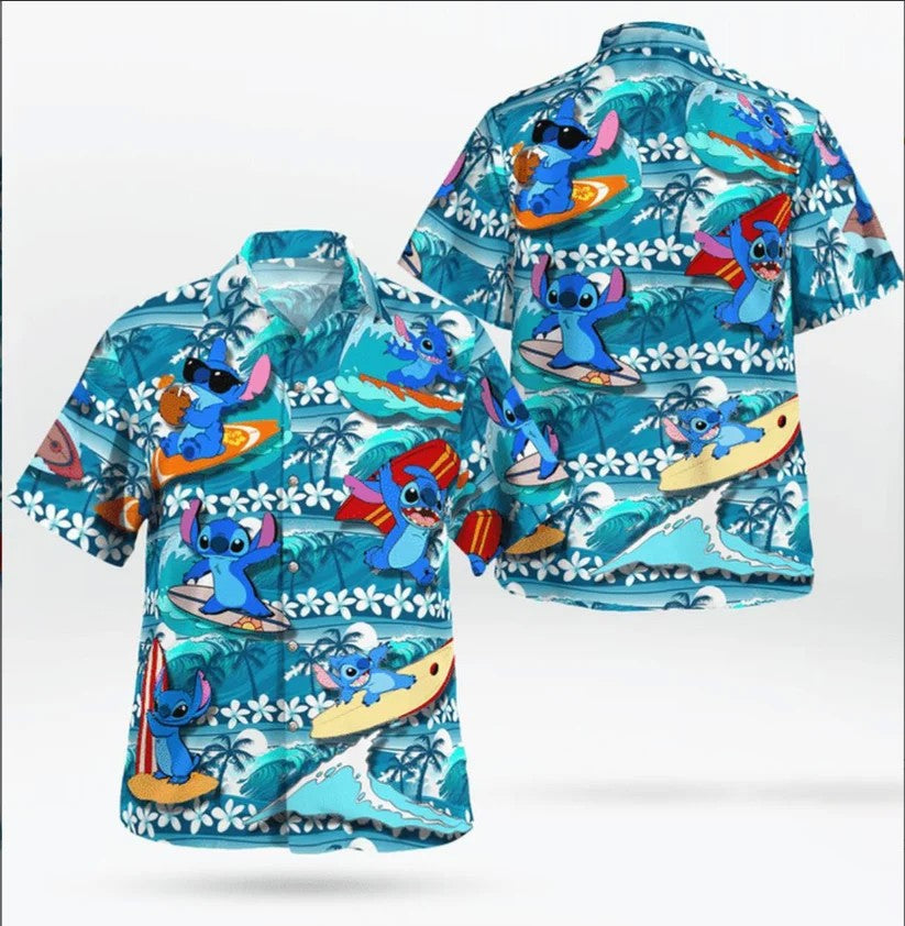 Miniso Stitch Hawaiian Shirts Vacation Shirts Men's Disney Hawaiian Shirts Casual Button Down Short Sleeve Shirt Vintage T-Shirt