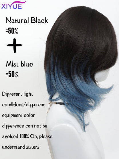 XIYUE synthetic Black And blue Mullet Head Wig Synthetic Straight Fluffy Natural Wolf Tail Hair for Daily Use Party Cosplay