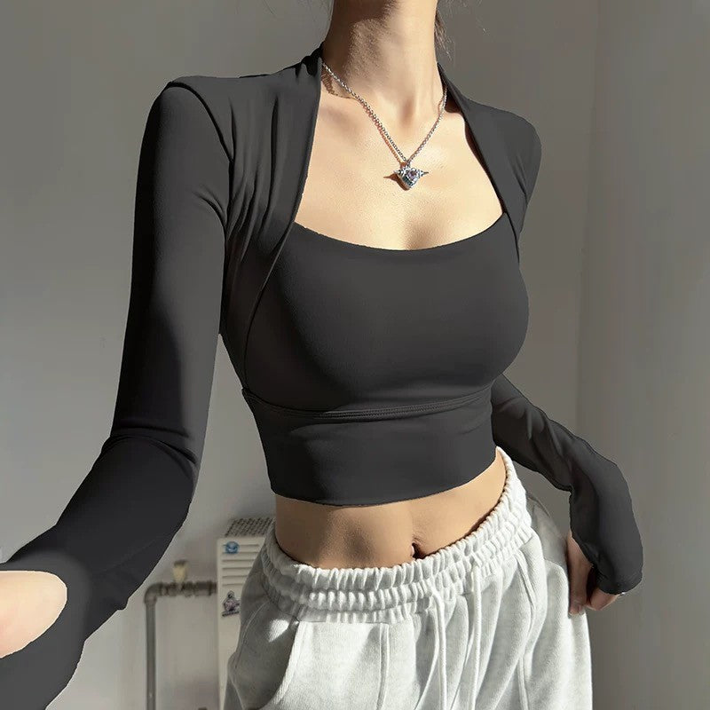 Women's Elegant Long Sleeve Yoga Shawl Sports Top with Chest Cushion Short Elegant Yoga Top Small Camback Pura Speed Dry Autumn