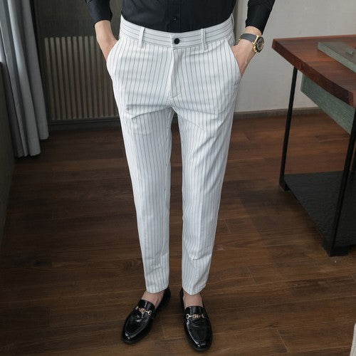 White Vertical Stripes Suit Pants Men, Blue Black Trousers, Fashion Slim Men's Pant Business Pantalones Hombre Autumn New Slacks