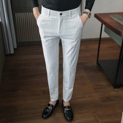 White Vertical Stripes Suit Pants Men, Blue Black Trousers, Fashion Slim Men's Pant Business Pantalones Hombre Autumn New Slacks