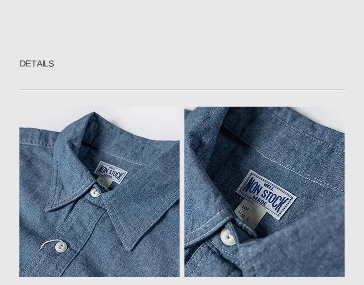 Non Stock Classic Chambray Shirt Spring Men's Two-Pocket Workshirt Light Blue