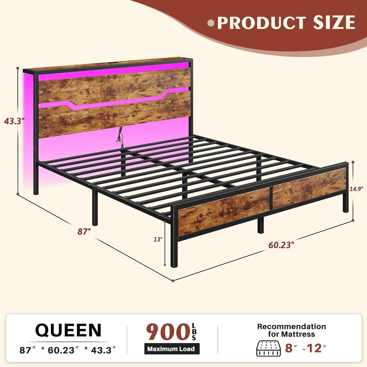 Queen Bed Frame with Headboard,Queen Size Bed Frame with LED Lights & Charging Station & 13" Under Bed Storage, All-Meta