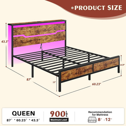 Queen Bed Frame with Headboard,Queen Size Bed Frame with LED Lights & Charging Station & 13" Under Bed Storage, All-Meta