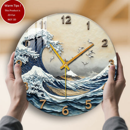 Tempered Glass Wall Clock Great Wave Mount Fuji Cranes Suitable For Wall Decor or Tabletop Display Anywhere