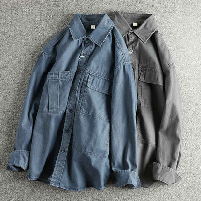 Autumn New Japanese Retro Woven Twill Cargo Shirt Men's Amekaji 100% Cotton Washed Long Sleeve Double Pocket Casual Thin Coat