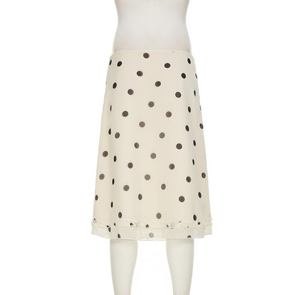 BIIKPIIK Casual Women Polka Dot Skirts Lettuce Trim Beige Elegant Midi Skirts St