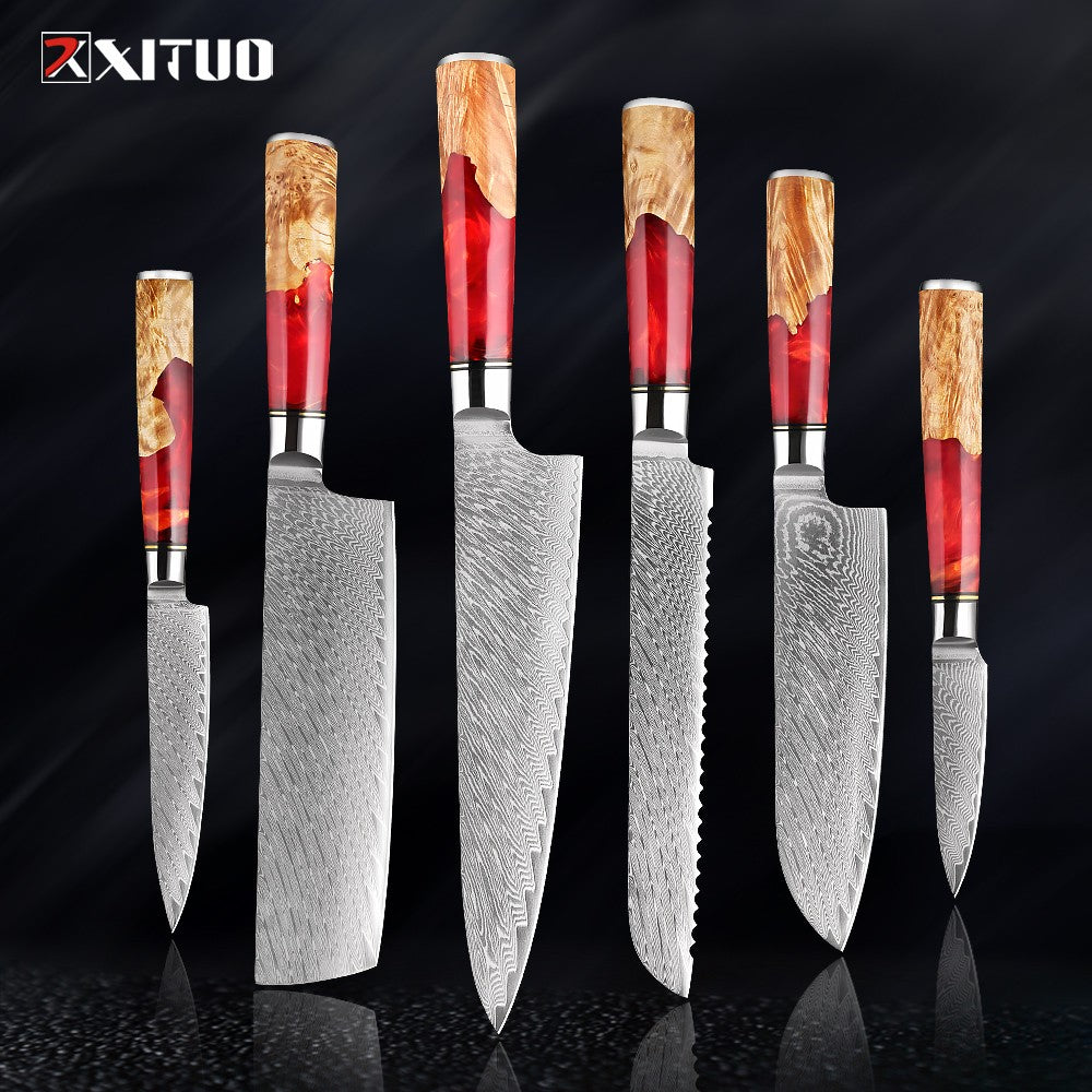 XITUO Conjunto de Facas de Cozinha de Aço Damasco de 1 a 9 Peças Inclui Faca do Chefe, Faca de Pão, Cutelo, Faca Santoku, Faca Nakiri para Desossar