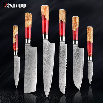 XITUO Conjunto de Facas de Cozinha de Aço Damasco de 1 a 9 Peças Inclui Faca do Chefe, Faca de Pão, Cutelo, Faca Santoku, Faca Nakiri para Desossar