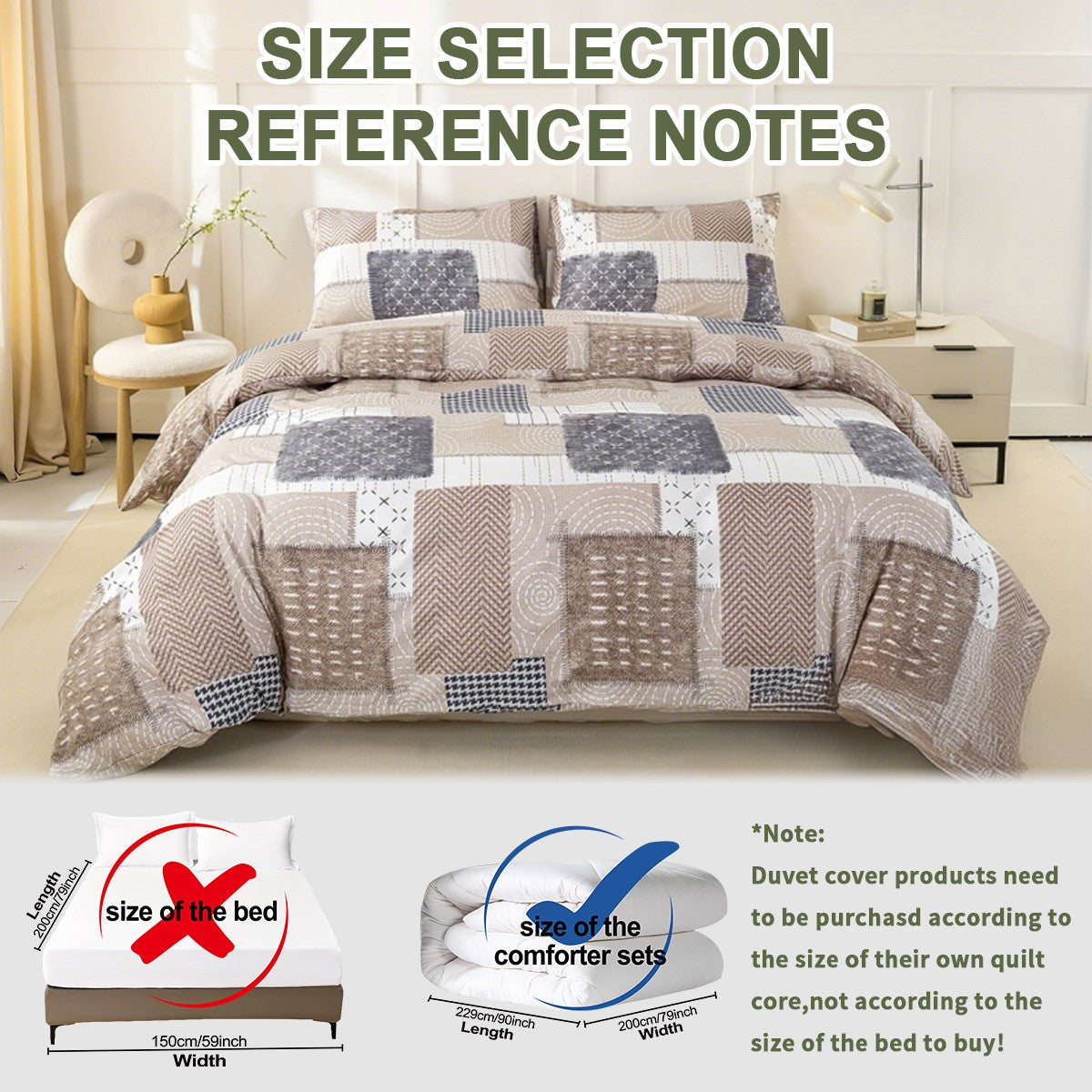 Conjunto de capa de edredom com estampa de retalhos chique de 3 peças, conjunto de cama macio e delicado para a pele inclui 1 capa de edredom e 2 fronhas