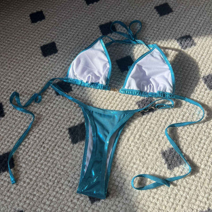 Shiny Pink Micro Bikini 2025 Mujer Women Sexy PU Pearls Push Up Thong Swimsuit Summer Bathing Suit Bandage Holiday Swimwear