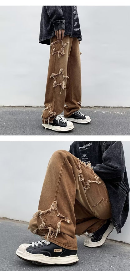 2025 Novas Estrelas da Moda Toalha Bordada Calças Jeans Marrons Masculinas Roupa Y2K Calças Retas Hip Hop de Algodão Pantalon Homme
