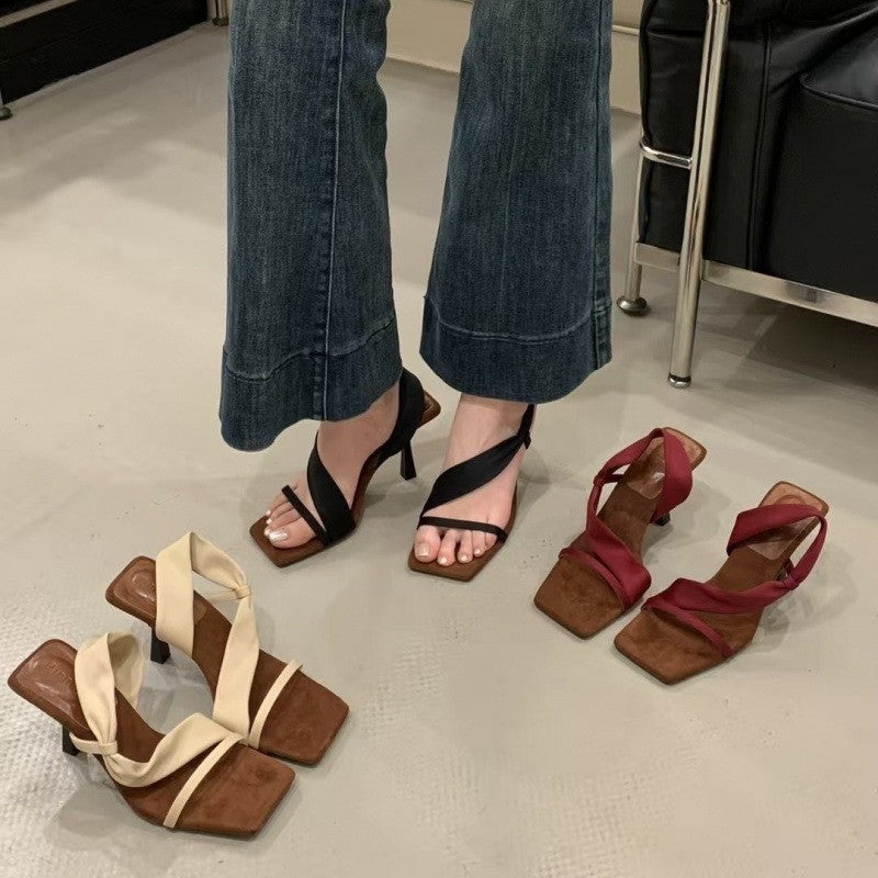 French High Heel Sandals Women's 2025 New Super Popular Design Sensation Single Strap Square Head Toe Exposure Thin Heel Sandals