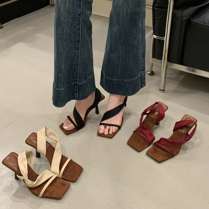 French High Heel Sandals Women's 2025 New Super Popular Design Sensation Single Strap Square Head Toe Exposure Thin Heel Sandals