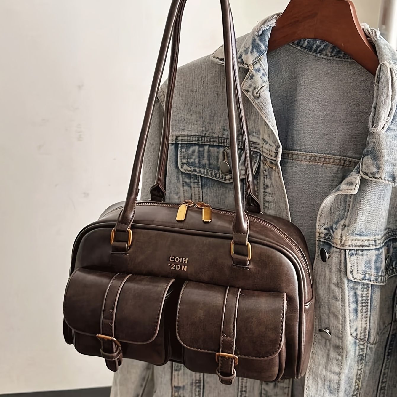 Women's Coffee Brown Multi-Pocket Handbag Shoulder Bag, Stylish Versatile Letter Crossbody Purse for Travel Work Shopping Dates