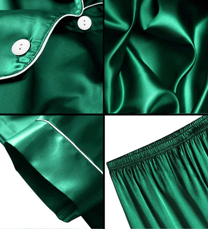 Men's Luxury Satin Pajama Set Short Sleeve Lapel Front Buttons Top And Elastic Shorts Comfortable Fit Loungewear Sleepwear Pjs