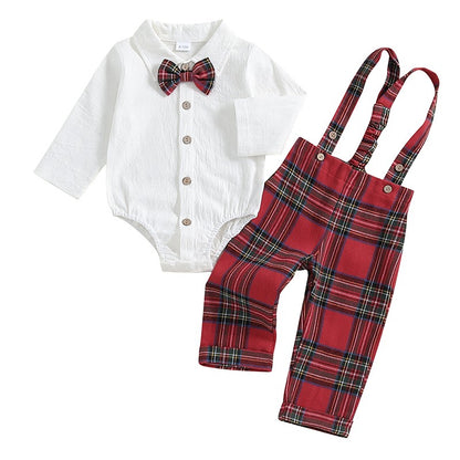 Baby Boy Gentleman Outfits Long Sleeve Lapel Romper + Plaid Suspender Pants + Bow Tie 3Pcs Sets Newborn Toddler Christmas Formal