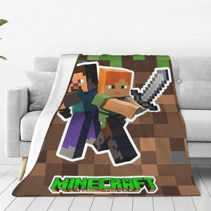 Cartoon Mines Pixel Game Crafts Flannel Blanket Super Warm Throw Blanket for Home Decor Decorative Street Trend Bedspread