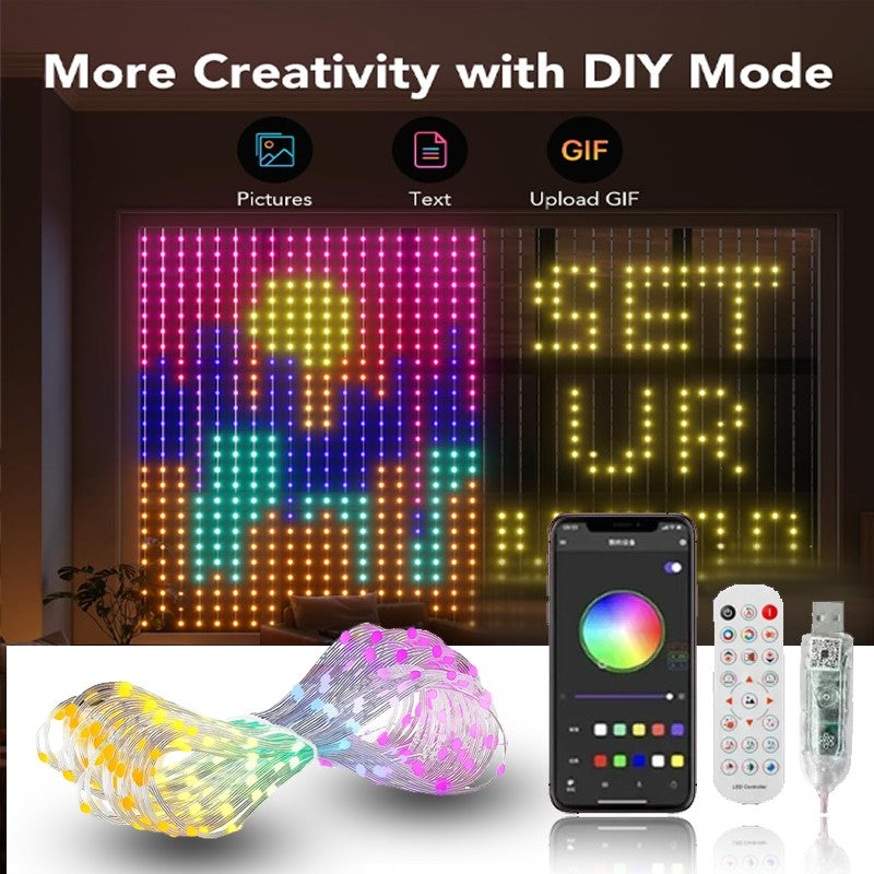 RGB Curtain String Lights Music Sync Text Display Fairy Light App Controlled DIY Christmas Curtain Light Wall Room Decor 3M