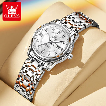 OLEVS 5513 Fashion Ladies' Watches Elegant Stainless Steel Waterproof Quartz Watch for Women Weekly Calendar Luminous Wristwatch
