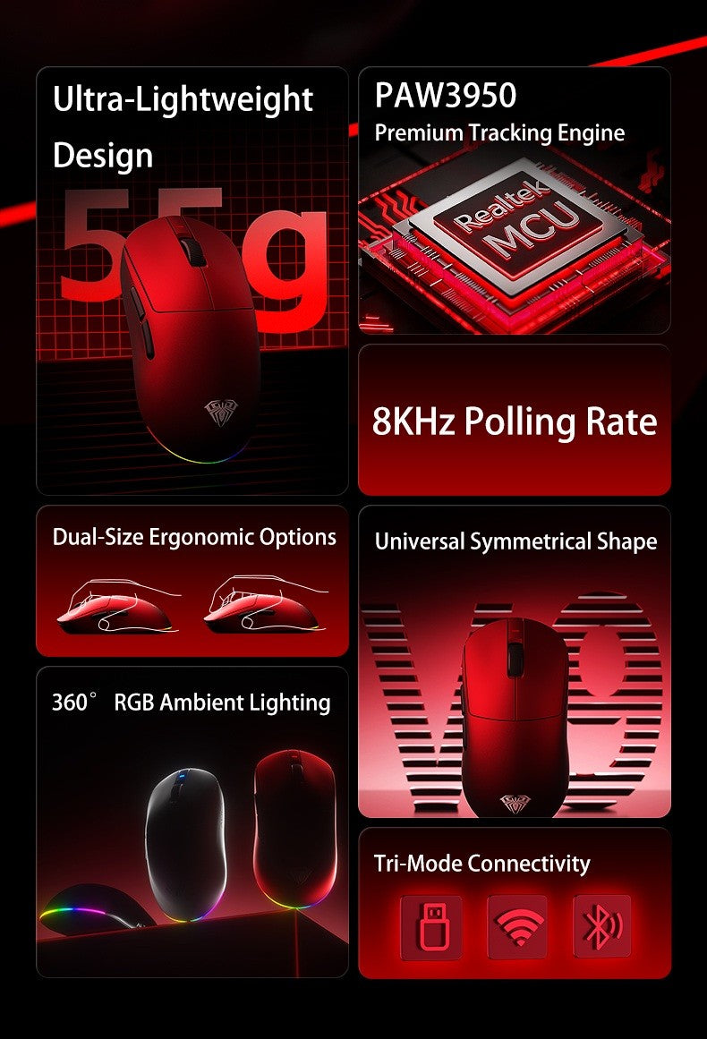 Mouse Gamer sem Fio Aula V9 Ultra E-sports Duplo 8k 3 modos PAW 3950 8k 55g Leve Ergonômico Acessório Personalizado para PC