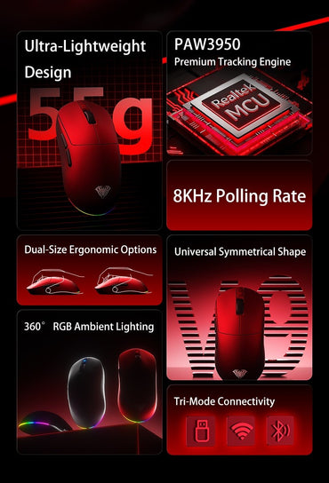 Mouse Gamer sem Fio Aula V9 Ultra E-sports Duplo 8k 3 modos PAW 3950 8k 55g Leve Ergonômico Acessório Personalizado para PC