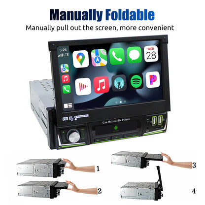 ESSGOO 1 DIN 7 Polegadas Flip Out Tela Touchscreen 4+64G Android 14 Rádio Estéreo Automotivo Apple Carplay GPS Navi Wifi FM RDS Bluetooth USB EQ
