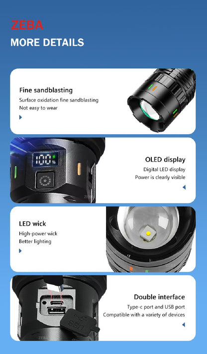 30000000LM High Power LED Flashlight Most Bright Tactical Torch Rechargeable Portable Light Long Shot 5000M Camping Hunting Lamp