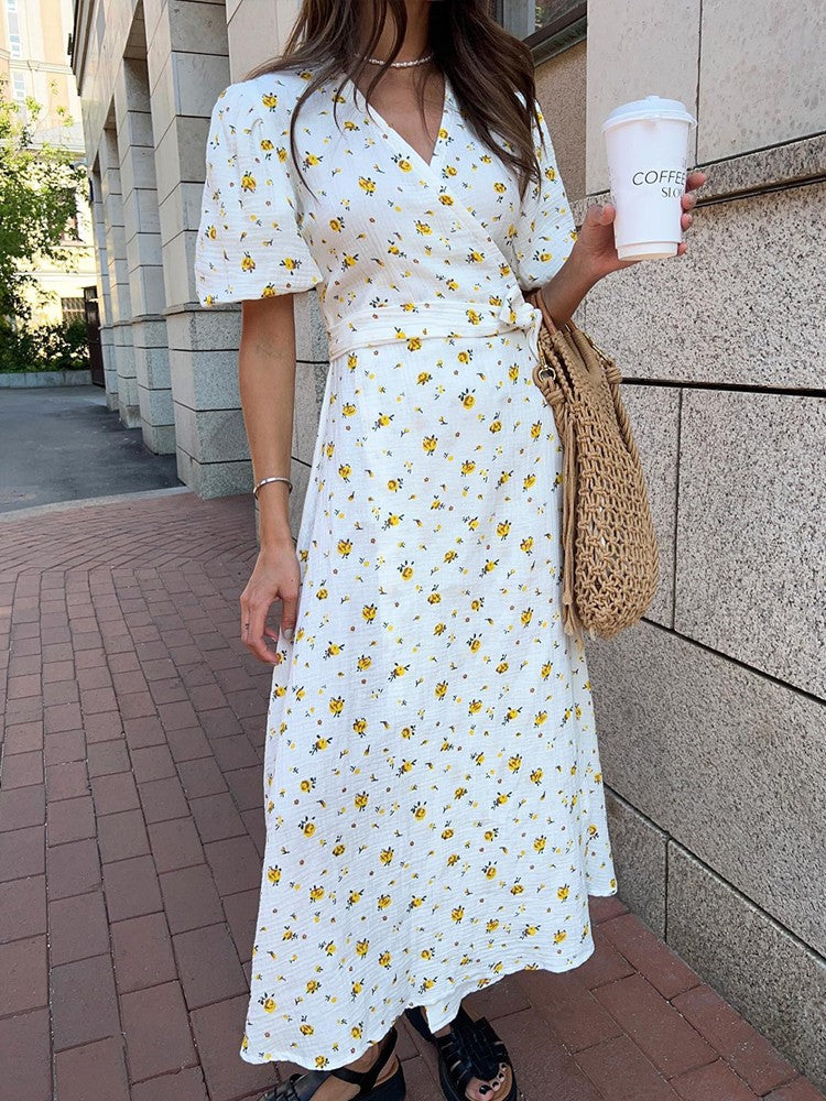 Casual Women's Summer Dresses 100% Cotton Floral Print A-line Midi Dress with Si