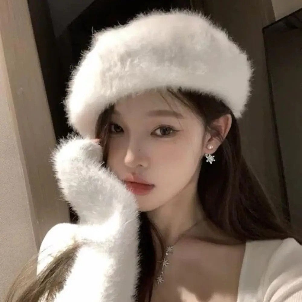 Sweet Faux Rabbit Fur Beret Hat Women Autumn Winter Thicken Keep Warm Furry Flush Artist Flat Cap Solid Color Painter Hats