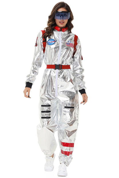 Adult Silver Astronaut Costume Men Women Spaceman Suit Space Jumpsuit Halloween Cosplay Party Dress Up