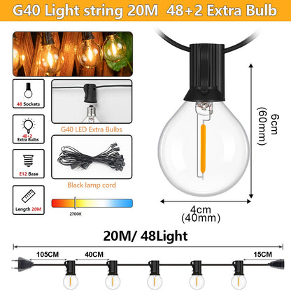 Outdoor LED Waterproof G40 String Light EU Plug Shatterproof Light Bulb Garden Fairy String Lights for Patio Festoon Party Decor