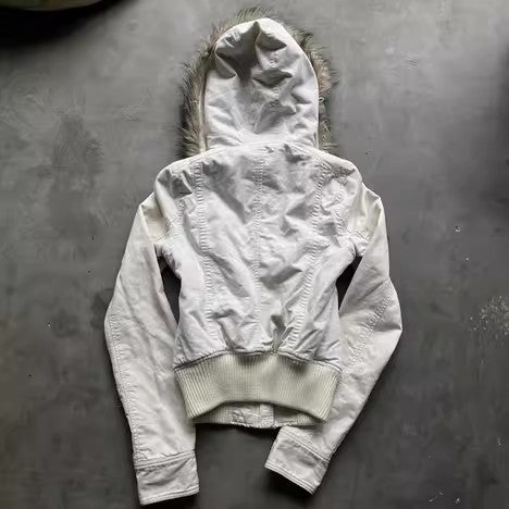 Gothic Y2K Womens Vintage Fur Trimmed Hooded Jacket Autumn Winter Black Shearling Lined Zipper Coat Warm Casual Winter Outerwear