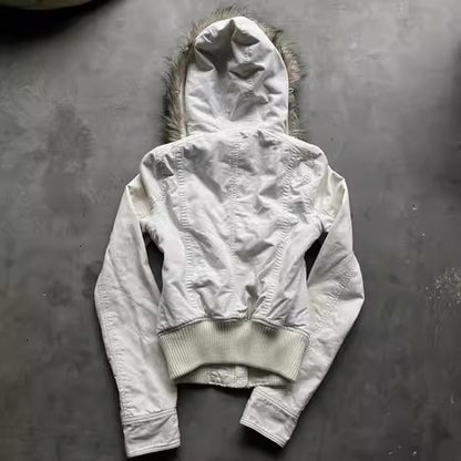 Gothic Y2K Womens Vintage Fur Trimmed Hooded Jacket Autumn Winter Black Shearling Lined Zipper Coat Warm Casual Winter Outerwear