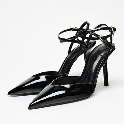 Sexy Pointed Toe Patent Leather Women Pumps Elegant Ankle Strap Buckle High Heels Luxury Designer Shoes Mules Heeled Sandals