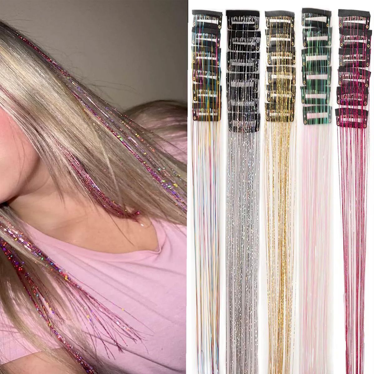 12Pçs Cabelo Sintético Tinsel 50cm com Presilha Glitter Tinsel Presilha de Cabelo Kit de Tinsel Resistente ao Calor Brilho Cintilante Cabelo de Fada