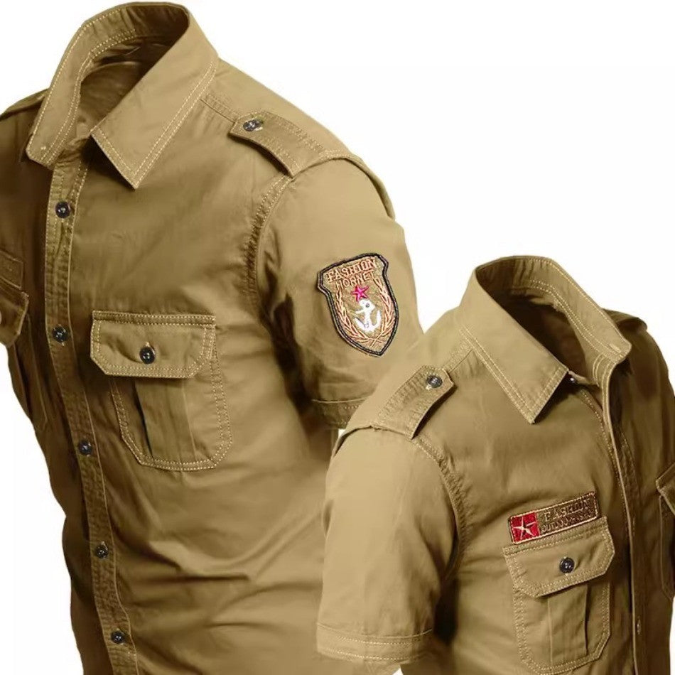 Summer Cotton Tactical Cargo Shirt Mens Multi Pocket Badge Embroidered Combats Tops Casual Breathable Tooling Chemise Homme