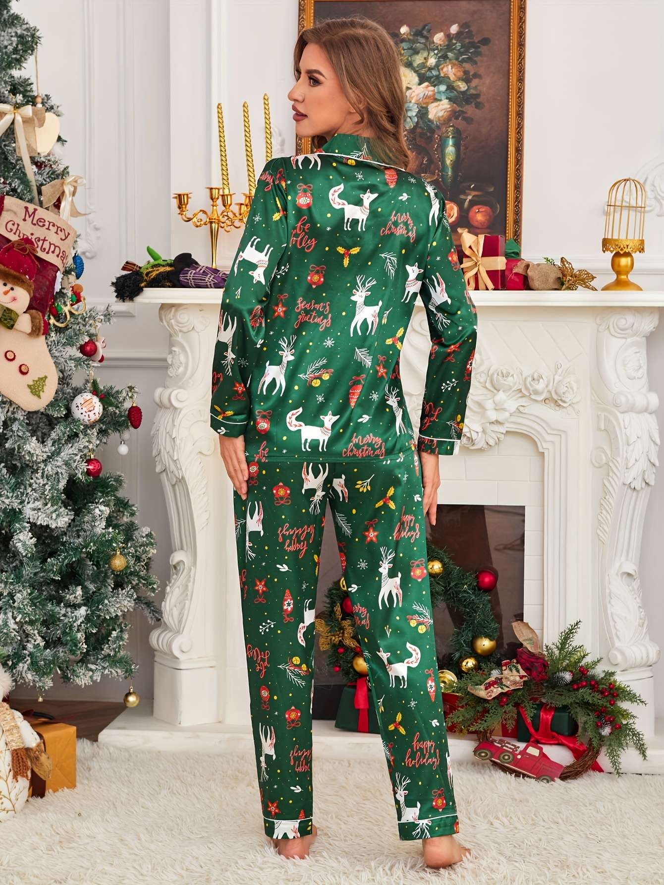 Christmas Reindeer Print Satin Pajama Set for Adults – Polyester & Elastane Long Sleeve Party Loungewear with Lapel Collar