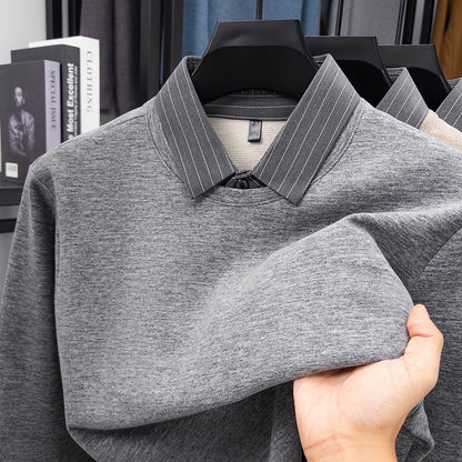 Fake Two-piece Striped Shirt Collar Knitted Sweater Men's Warm and Versatile Casual Woolen Shirt Waffle Top Winter Trend