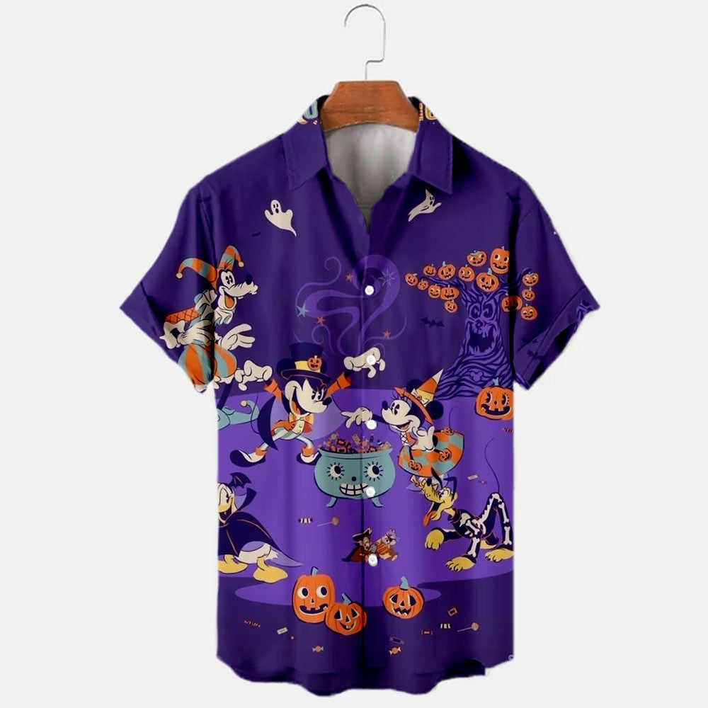 2024 New Halloween Collection Disney Branded Stitch And Mickey Anime 3D Printed Men's Lapel Short Sleeve Slim Fit Hawaiian Shirt